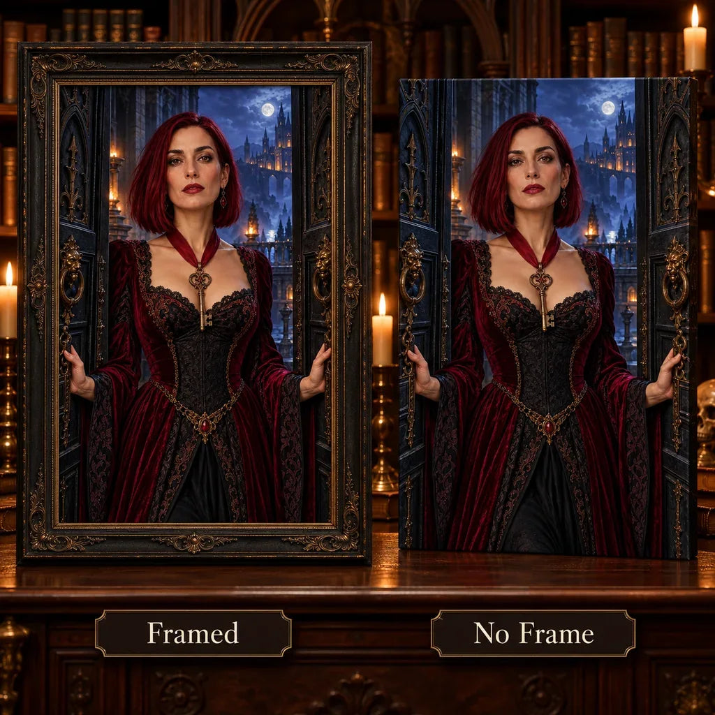 Framed and no-frame options for the scarlet key keeper diamond painting.
