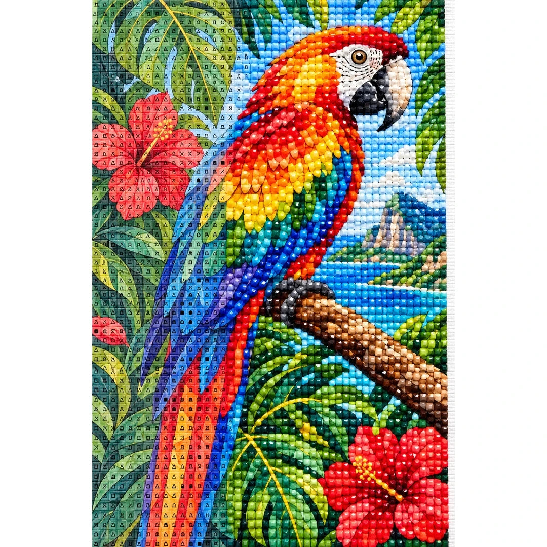 Scarlet Macaw Tropical Flowers Diamond Painting Kit — canvas and drill material detail