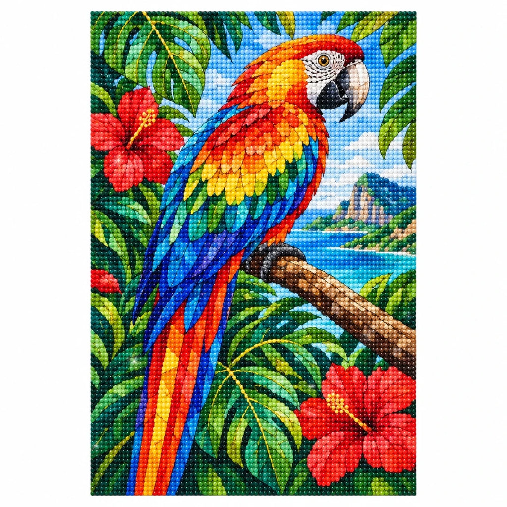 Scarlet Macaw Tropical Flowers Diamond Painting Kit — finished diamond painting on white background