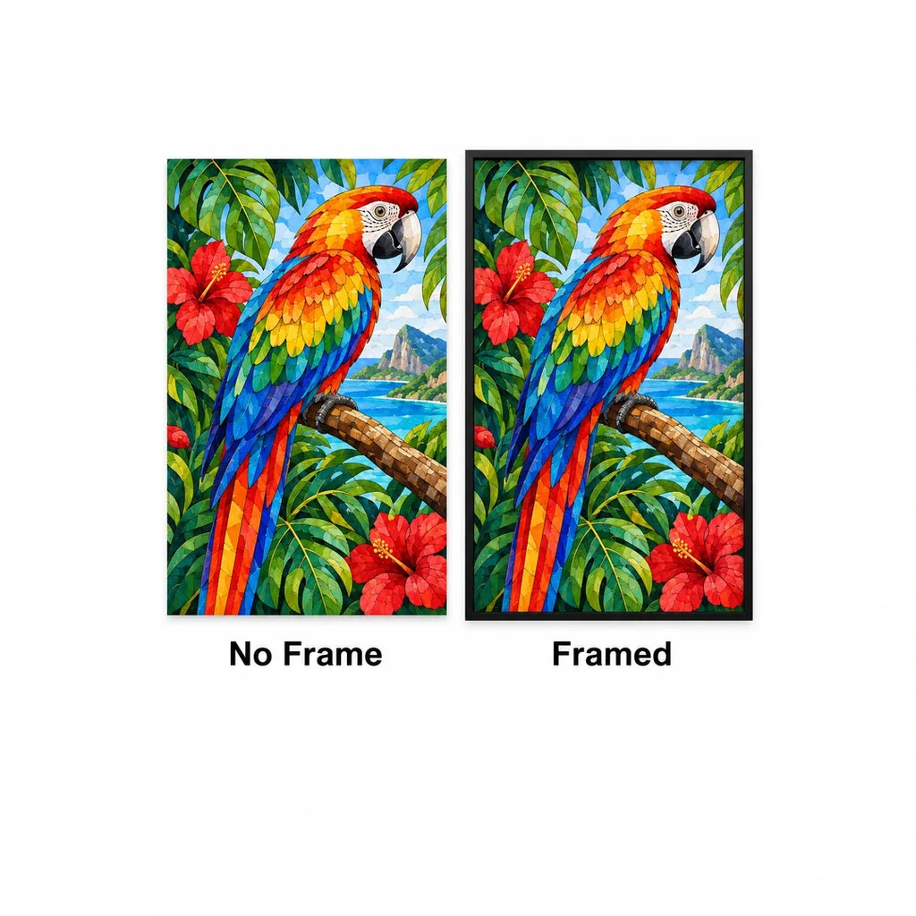 Scarlet Macaw Tropical Flowers Diamond Painting Kit — No Frame and Framed style comparison