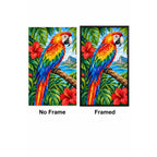 Scarlet Macaw Tropical Flowers Diamond Painting Kit — No Frame and Framed style comparison