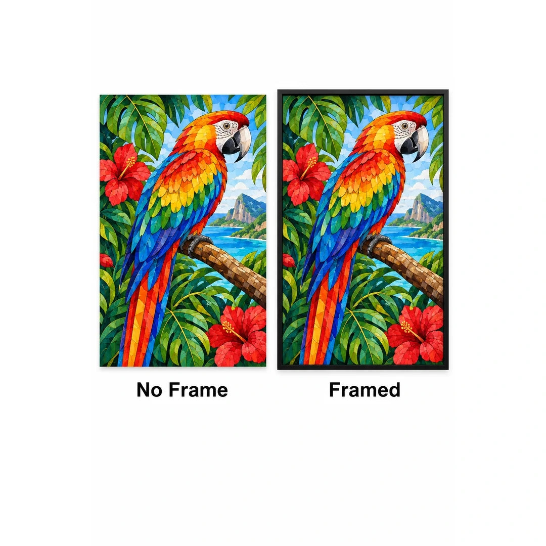 Scarlet Macaw Tropical Flowers Diamond Painting Kit — No Frame and Framed style comparison