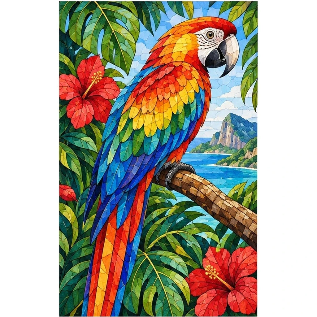 Scarlet Macaw Tropical Flowers Diamond Painting Kit — original white-background artwork