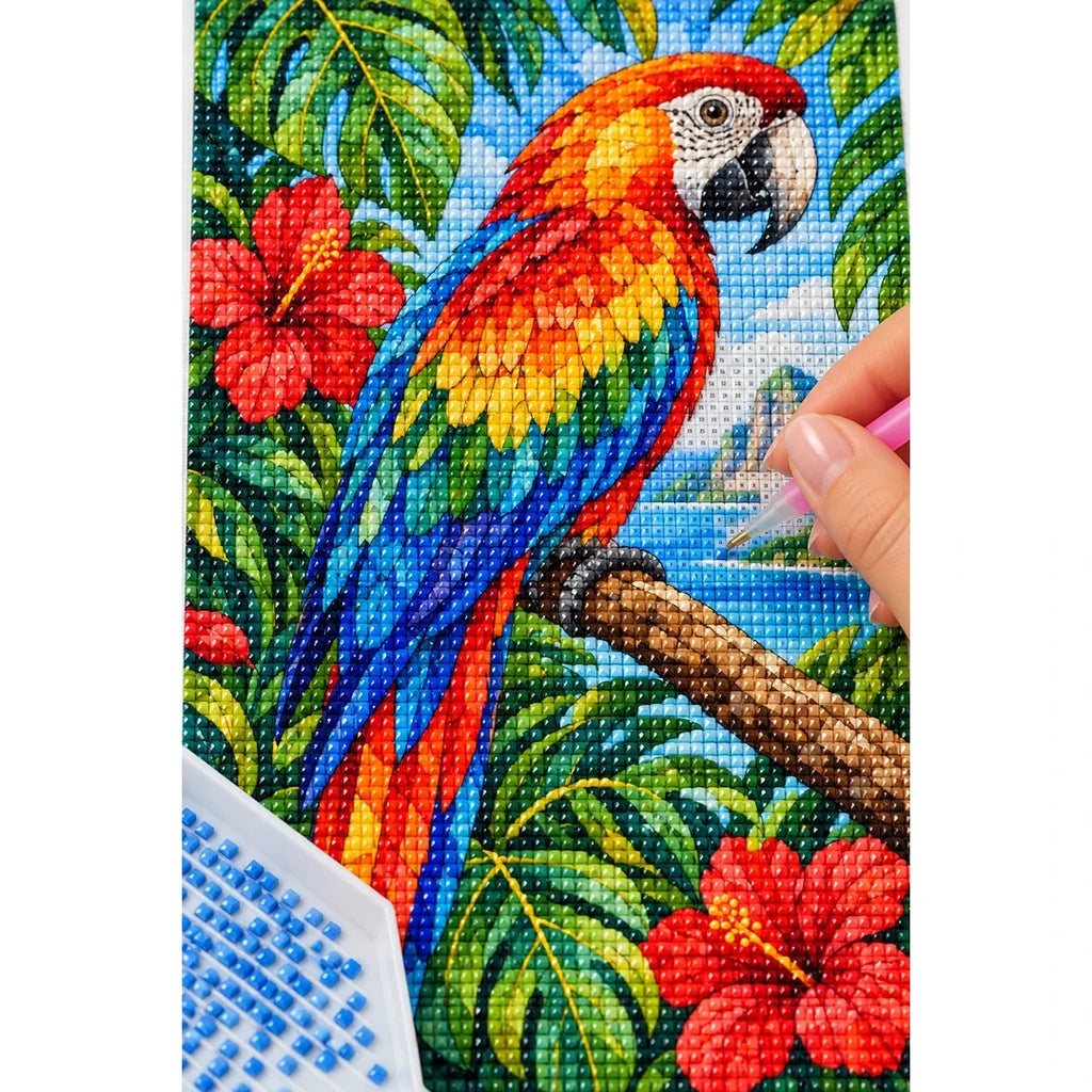 Scarlet Macaw Tropical Flowers Diamond Painting Kit — diamond painting application process