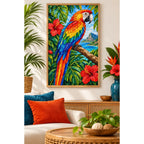 Scarlet Macaw Tropical Flowers Diamond Painting Kit — finished diamond painting in a home setting