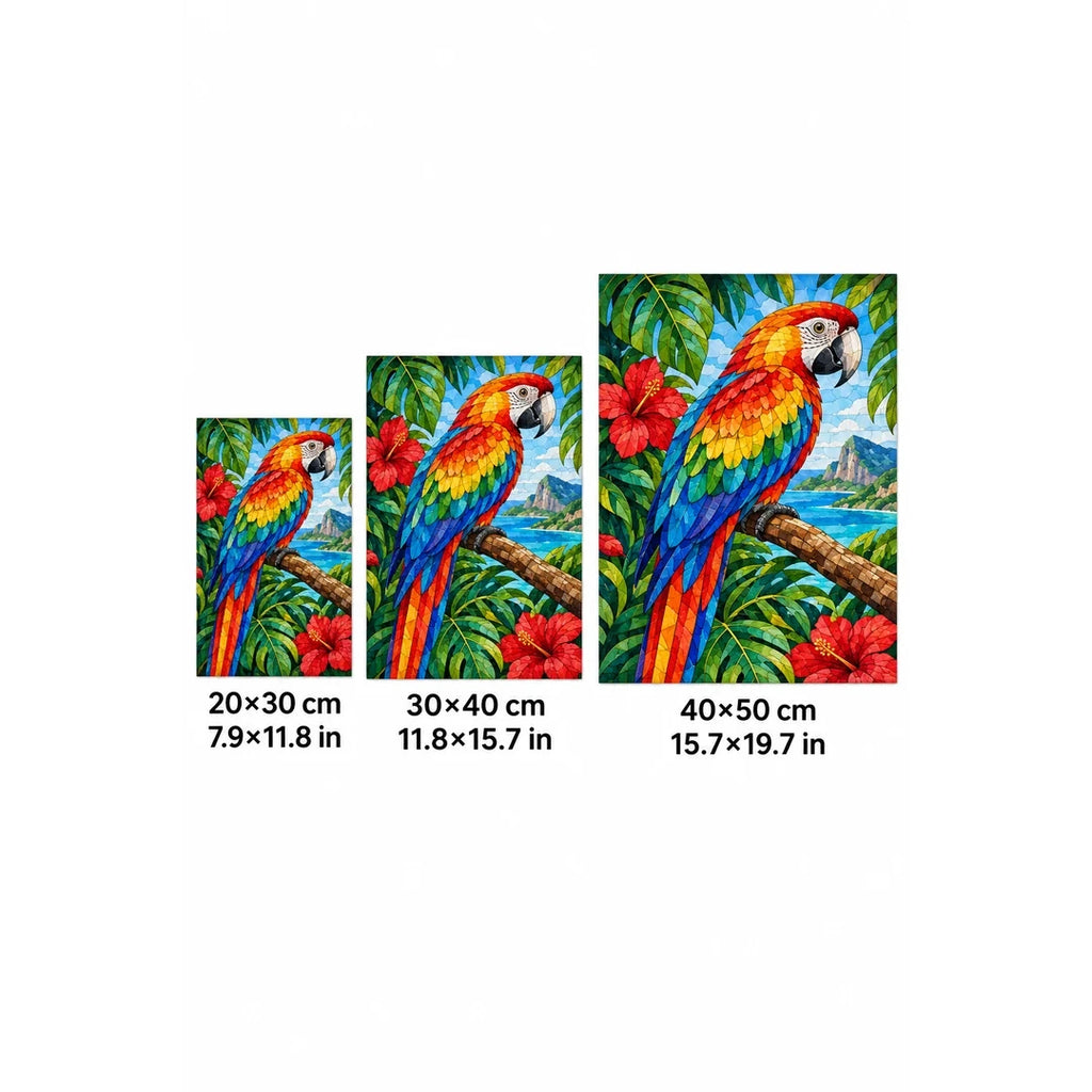 Scarlet Macaw Tropical Flowers Diamond Painting Kit — 20 by 30, 30 by 40, and 40 by 50 centimeter size guide