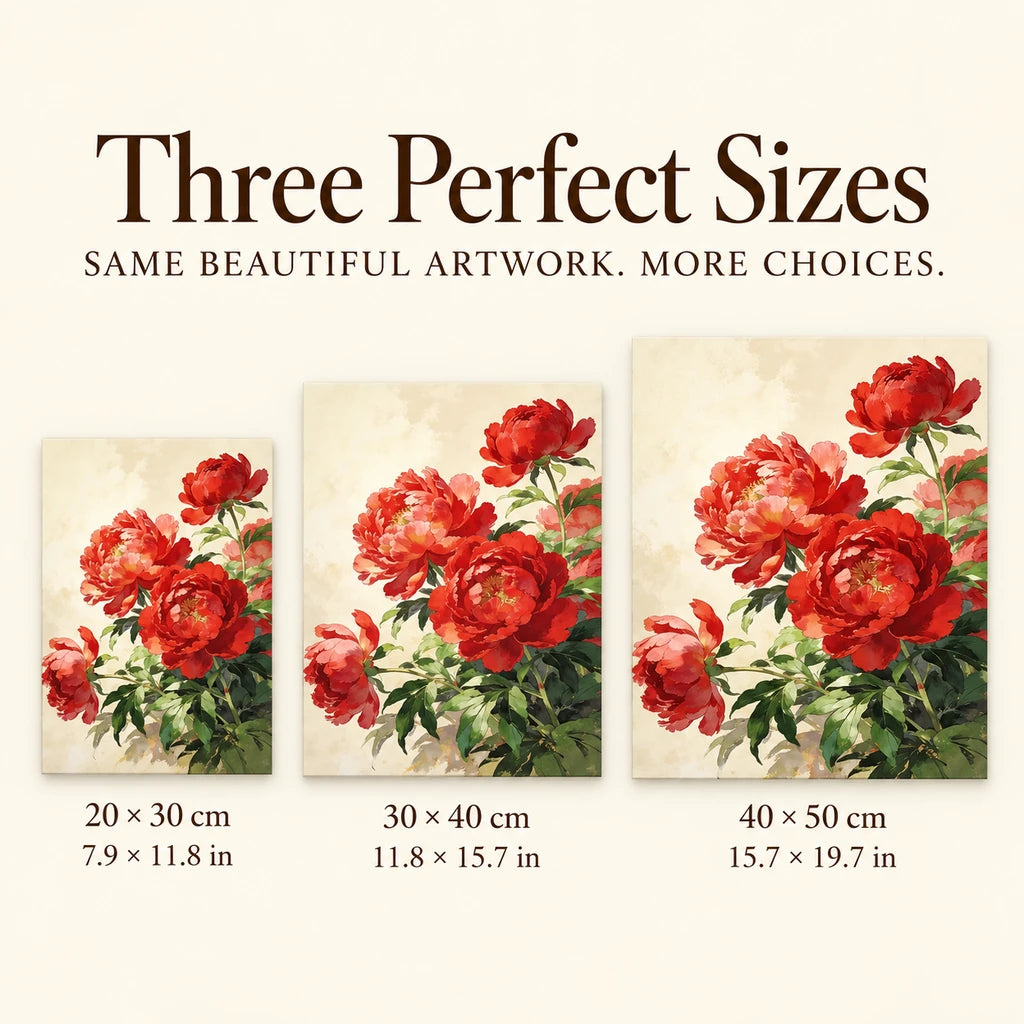 Size guide for Scarlet Peony Bouquet Diamond Painting Kit: 20 × 30 cm, 30 × 40 cm, and 40 × 50 cm.