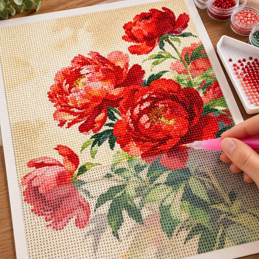 Diamond painting process for Scarlet Peony Bouquet Diamond Painting Kit, with drills being placed over a bouquet of scarlet-red peonies and pale blossoms against a dark background.