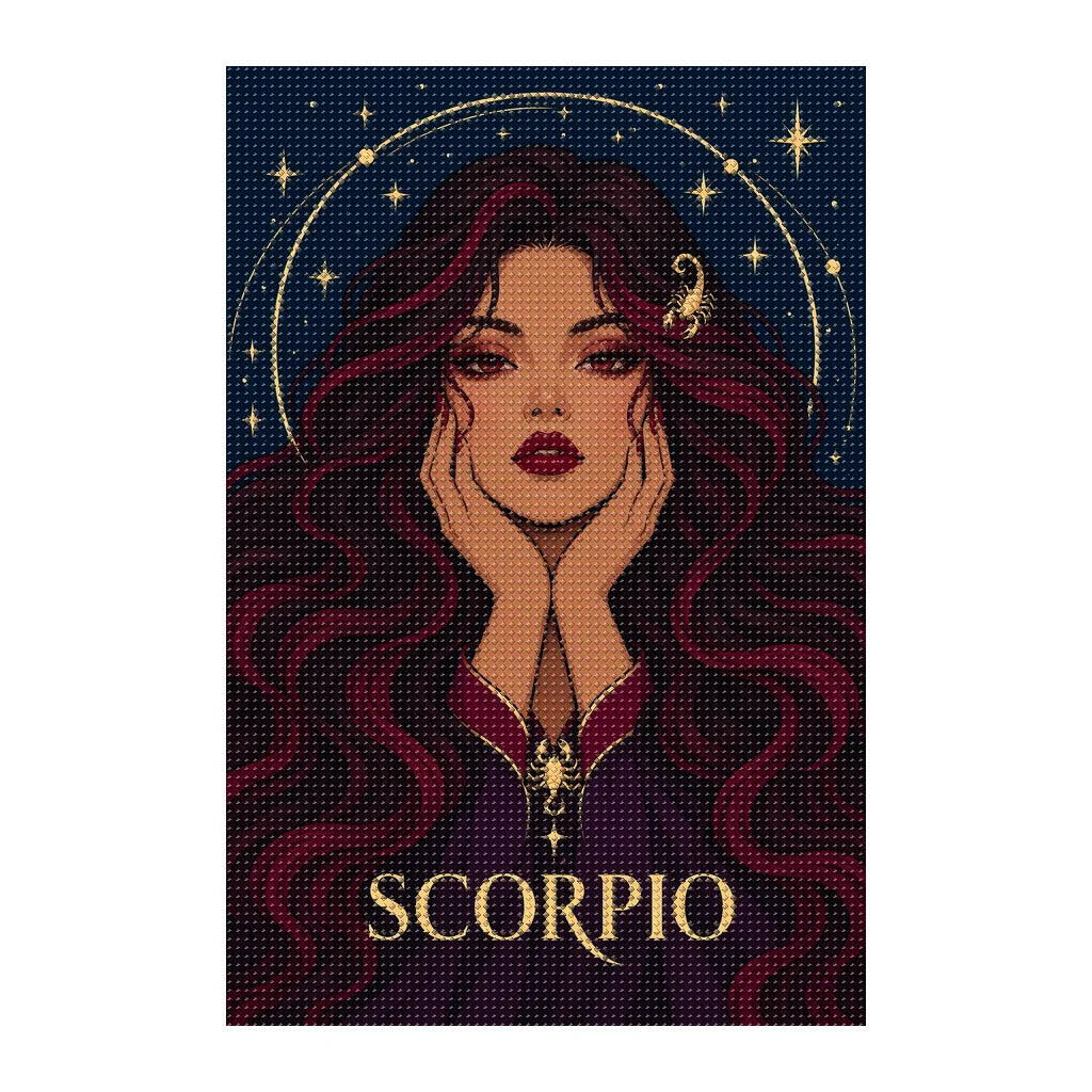 Finished white-background diamond painting of Scorpio Violet Sting