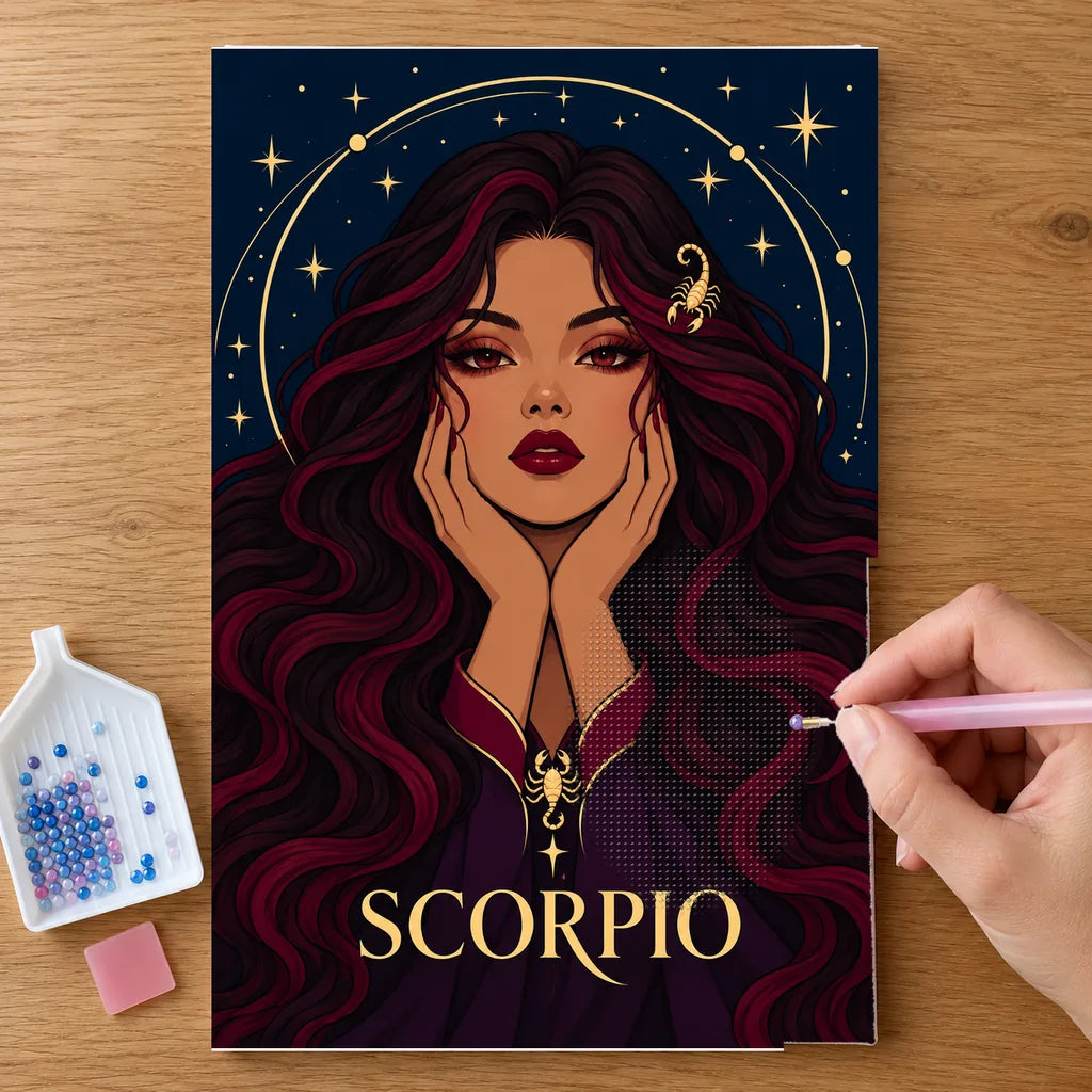 Hands placing drills on the Scorpio Violet Sting diamond painting canvas