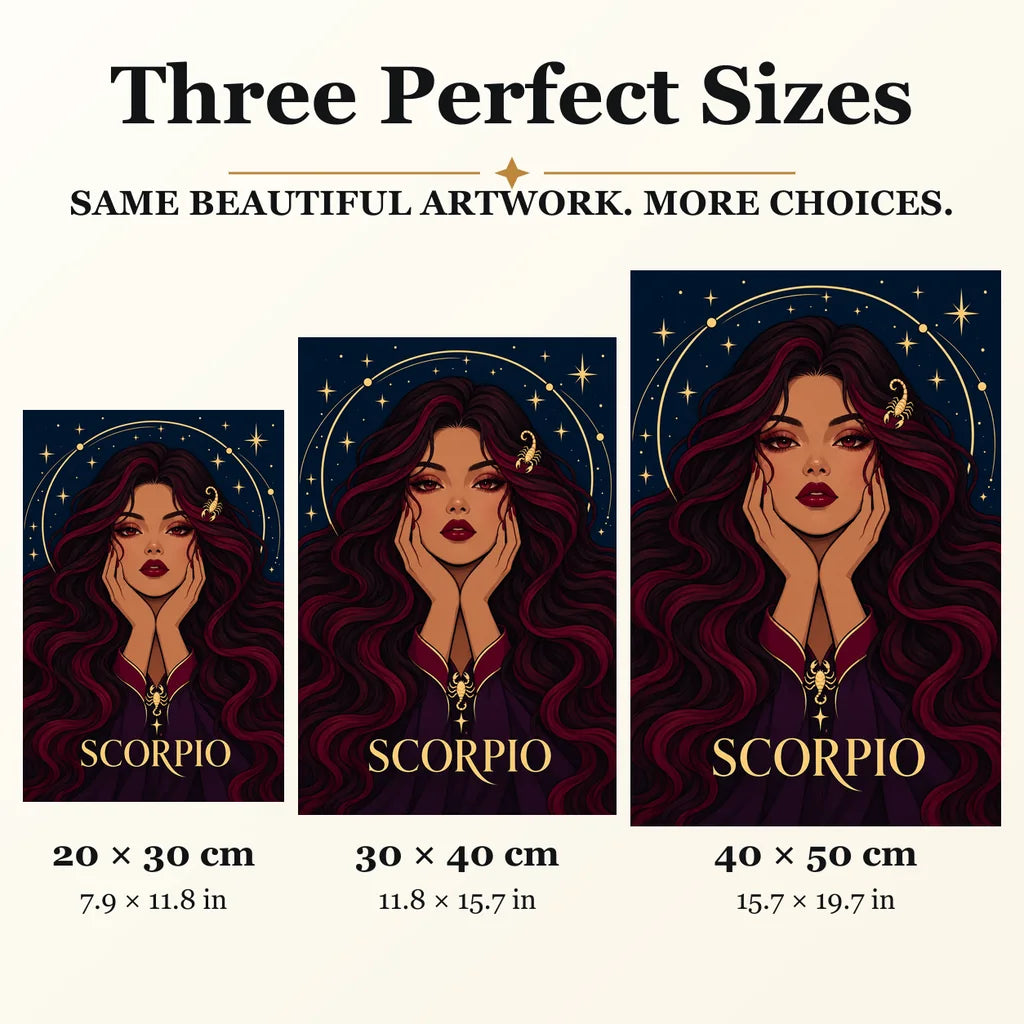 Scorpio Violet Sting diamond painting in 20 by 30, 30 by 40, and 40 by 50 centimeter sizes