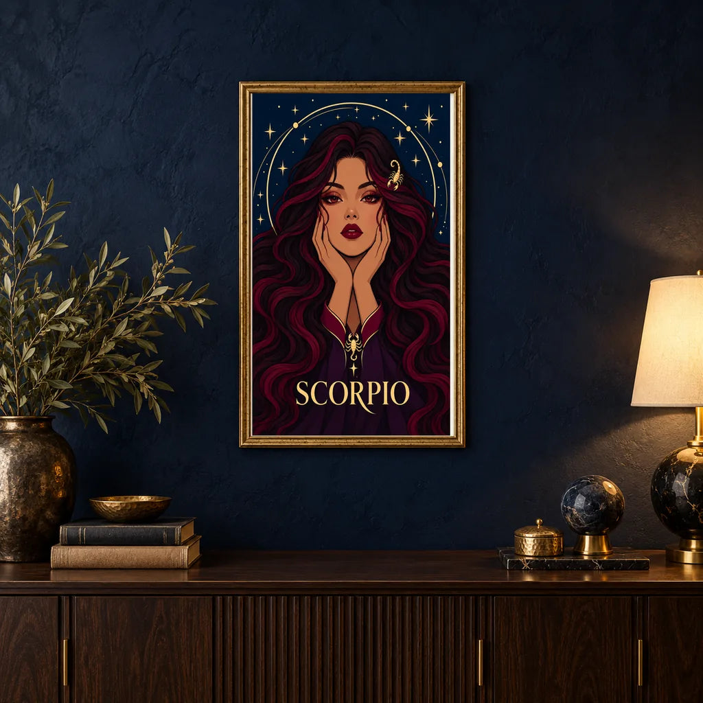 Framed Scorpio Violet Sting diamond painting displayed in a home interior
