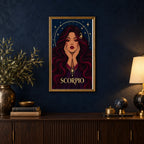Framed Scorpio Violet Sting diamond painting displayed in a home interior