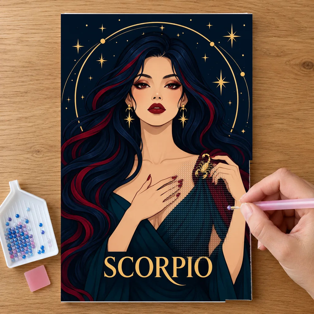 Hands placing drills on the Scorpio Midnight Scorpion diamond painting canvas