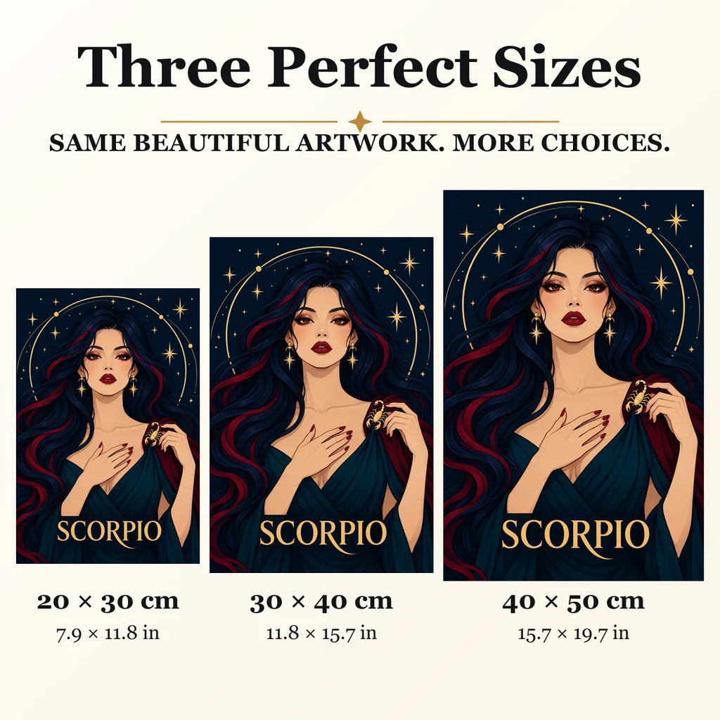 Scorpio Midnight Scorpion diamond painting in 20 by 30, 30 by 40, and 40 by 50 centimeter sizes