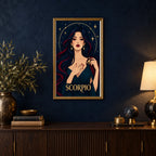 Framed Scorpio Midnight Scorpion diamond painting displayed in a home interior
