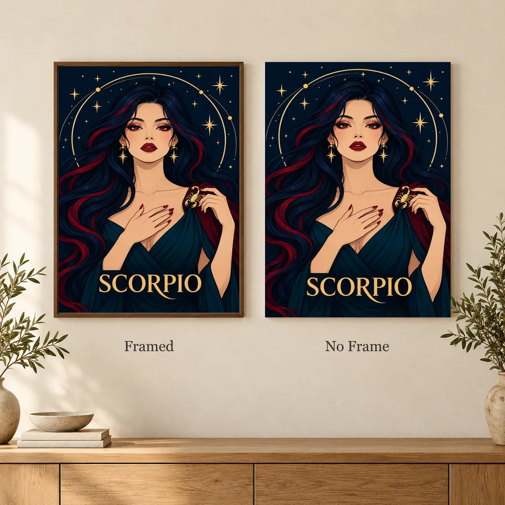 Framed and no-frame options for the Scorpio Midnight Scorpion diamond painting