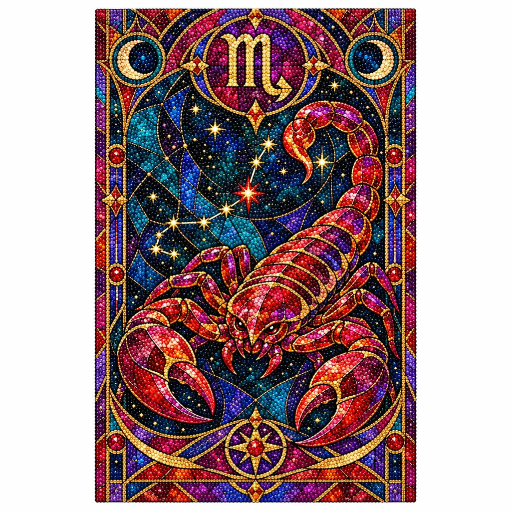 Scorpio with red scorpion and zodiac symbol, finished diamond painting on white background