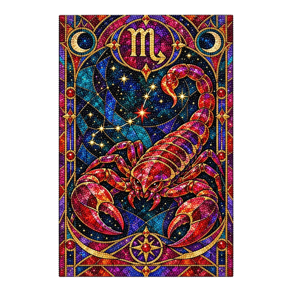 Scorpio with red scorpion and zodiac symbol, finished diamond painting on white background