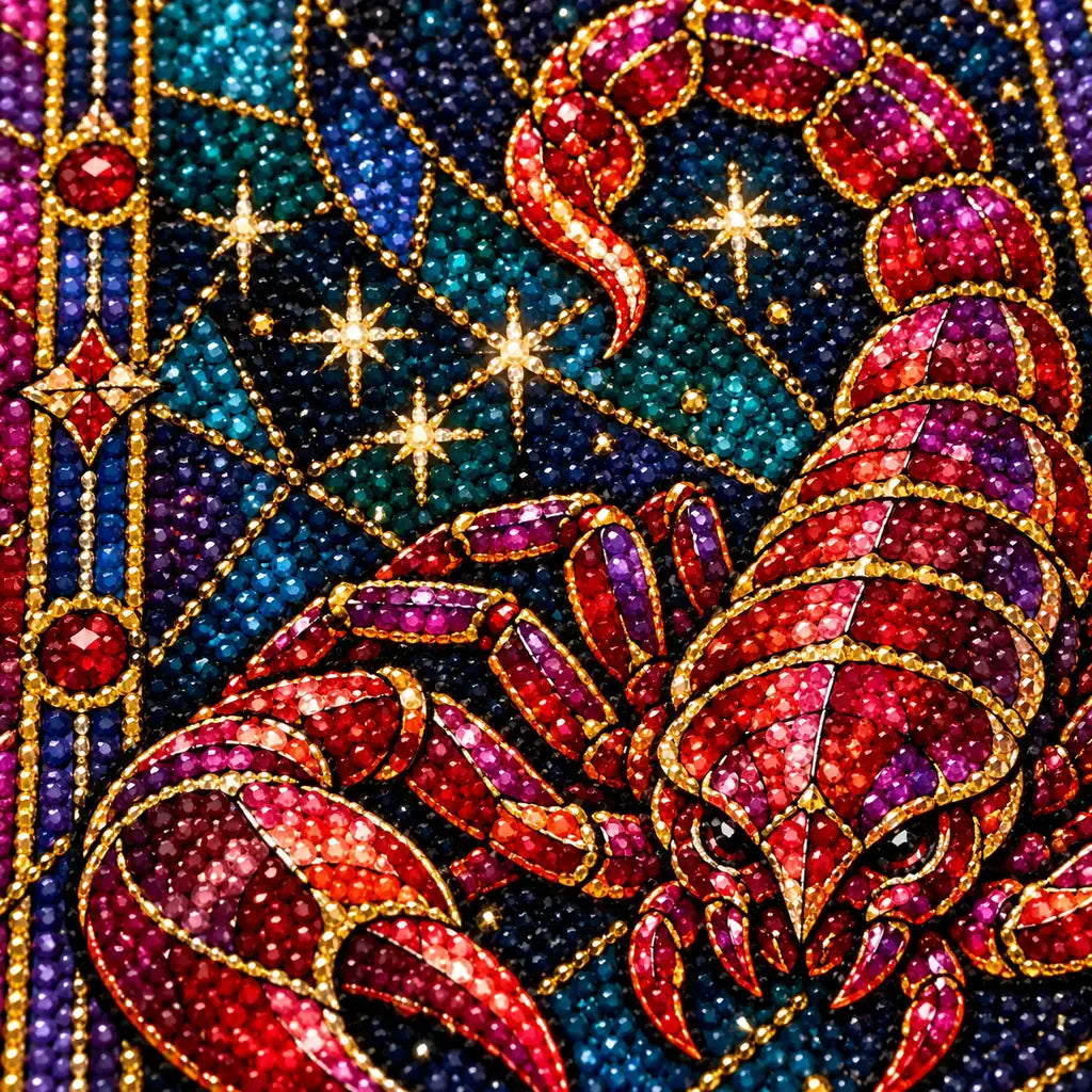 Scorpio with red scorpion and zodiac symbol, close-up drill detail