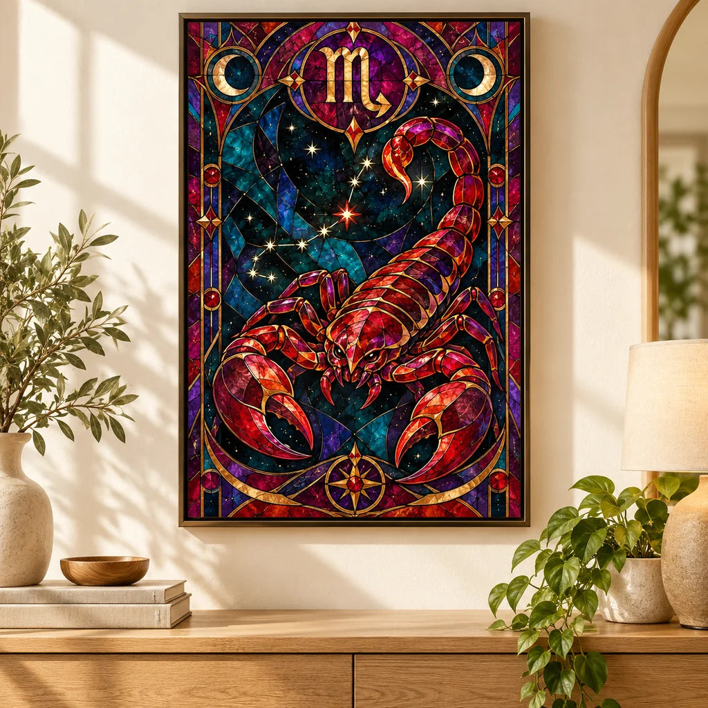 Scorpio with red scorpion and zodiac symbol, framed diamond painting in a home decor scene