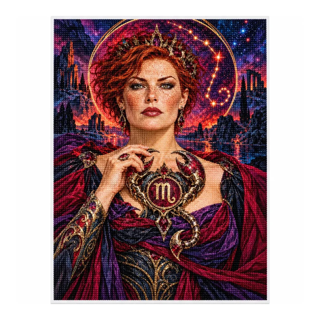 Finished white-background diamond painting for Scorpio guardian and jeweled scorpion