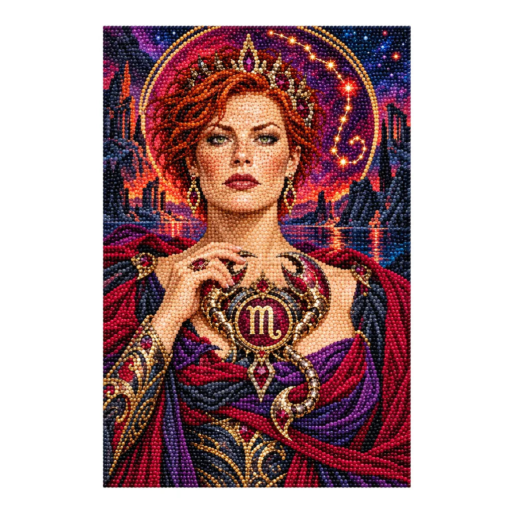 Finished white-background diamond painting for Scorpio guardian and jeweled scorpion