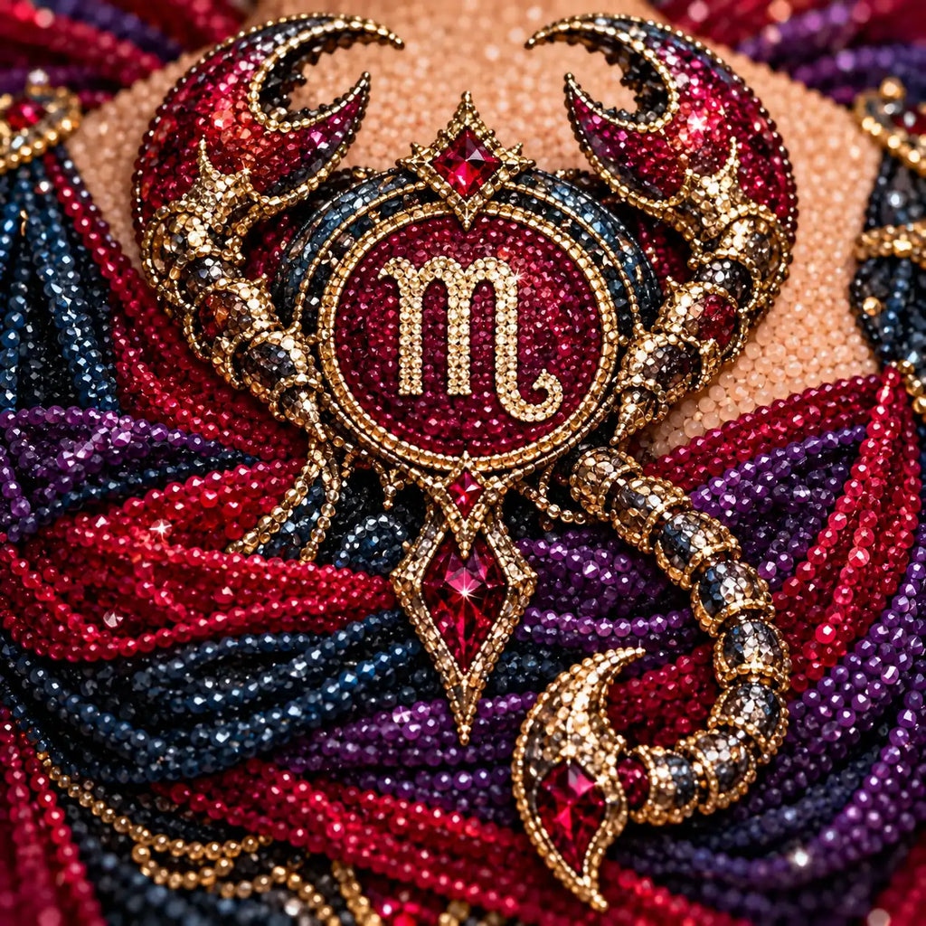 Close-up diamond detail for Scorpio guardian and jeweled scorpion