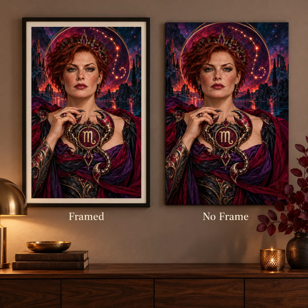 Framed and no-frame comparison for Scorpio guardian and jeweled scorpion