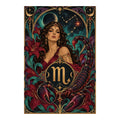 Scorpio woman with a scorpion, teal florals, and celestial Art Nouveau ornament on a white background