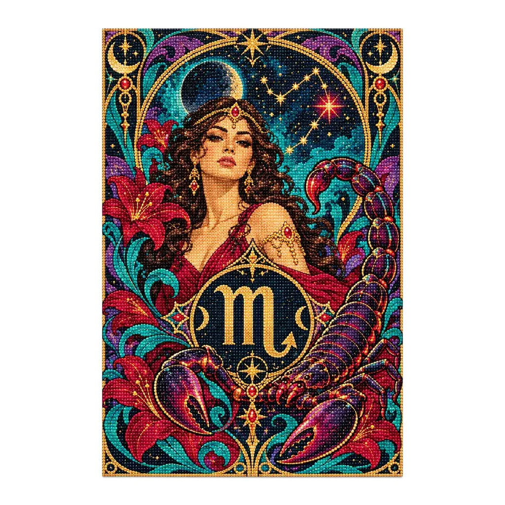 Finished Scorpio woman and scorpion diamond painting with sparkling drills on a white background