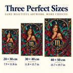 Scorpio woman diamond painting size guide showing 20 by 30, 30 by 40, and 40 by 50 centimeters
