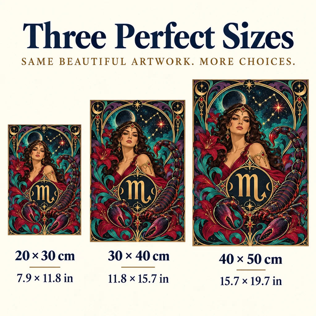 Scorpio woman diamond painting size guide showing 20 by 30, 30 by 40, and 40 by 50 centimeters