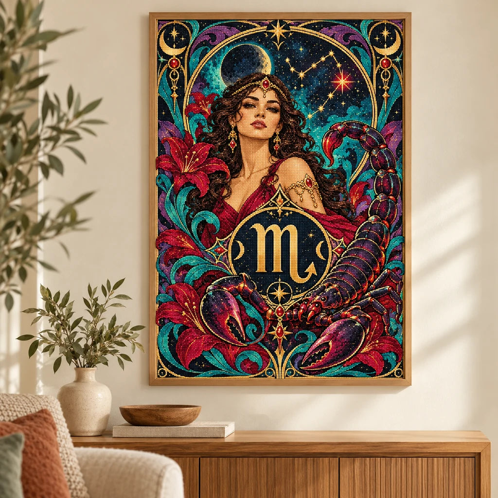 Scorpio woman and scorpion diamond painting displayed as framed home decor