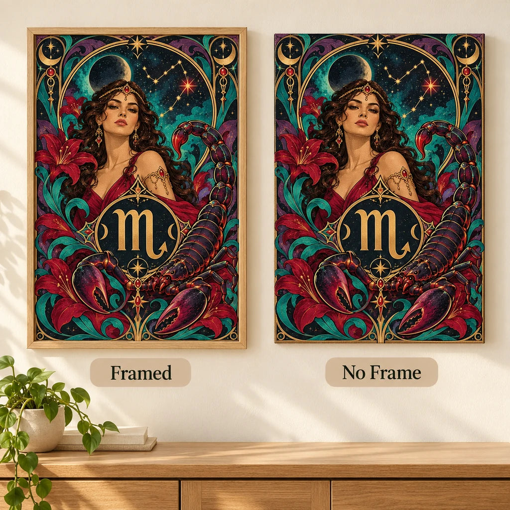 Scorpio woman diamond painting shown framed and without a frame