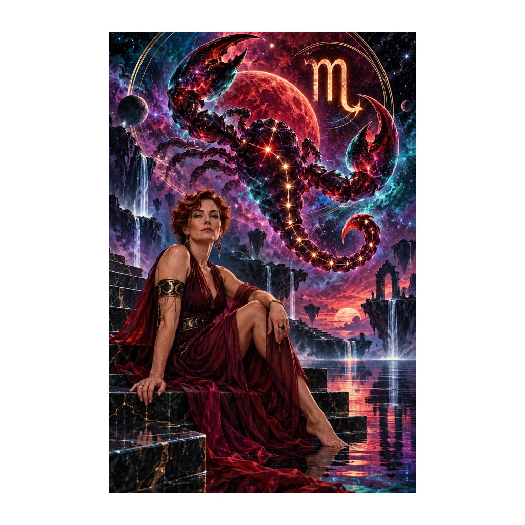 Original Scorpio zodiac artwork showing a seated woman beneath a luminous crimson scorpion constellation.