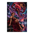 Original Scorpio zodiac artwork showing a seated woman beneath a luminous crimson scorpion constellation.