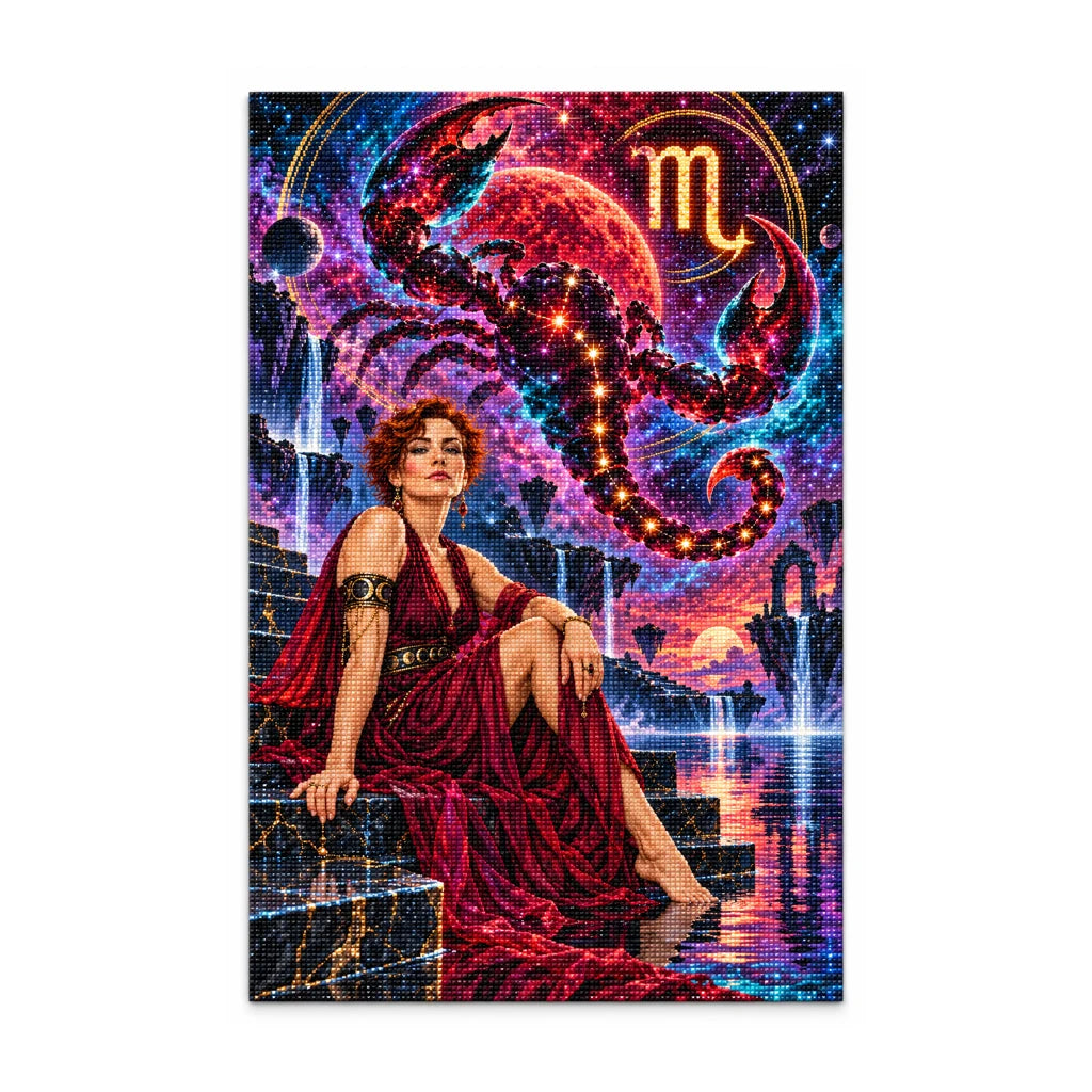Diamond painting version of the Scorpio starlit scorpion artwork on a white background.