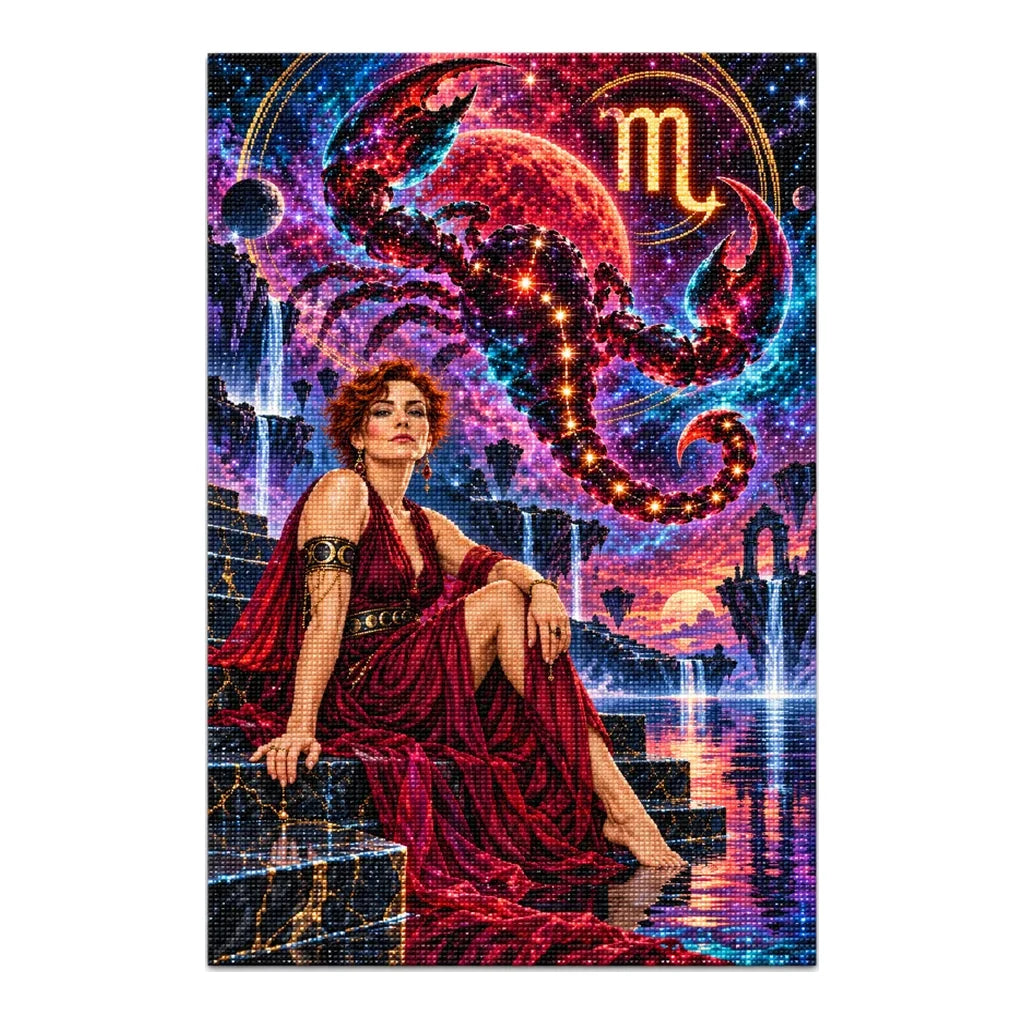 Diamond painting version of the Scorpio starlit scorpion artwork on a white background.