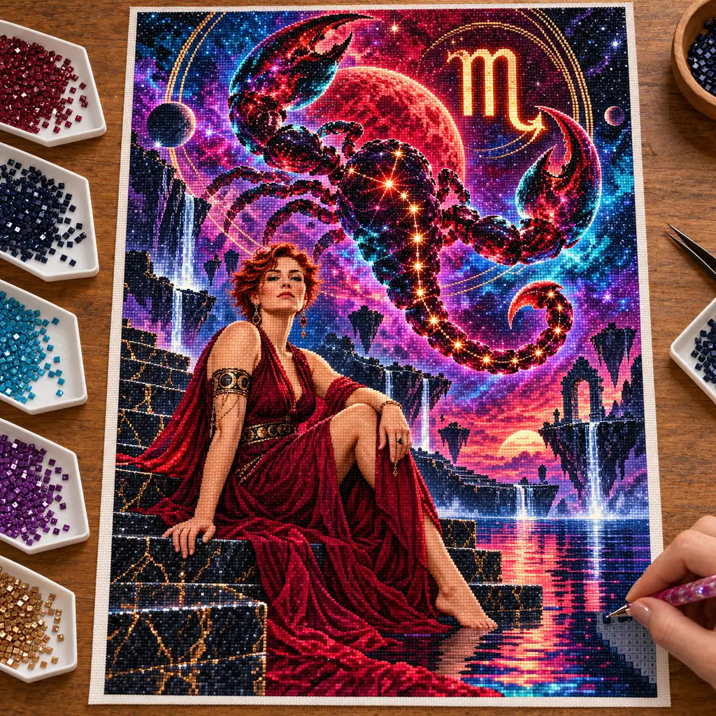 Hands placing drills on the Scorpio starlit scorpion diamond painting canvas.