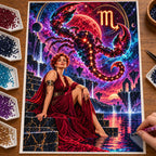 Hands placing drills on the Scorpio starlit scorpion diamond painting canvas.