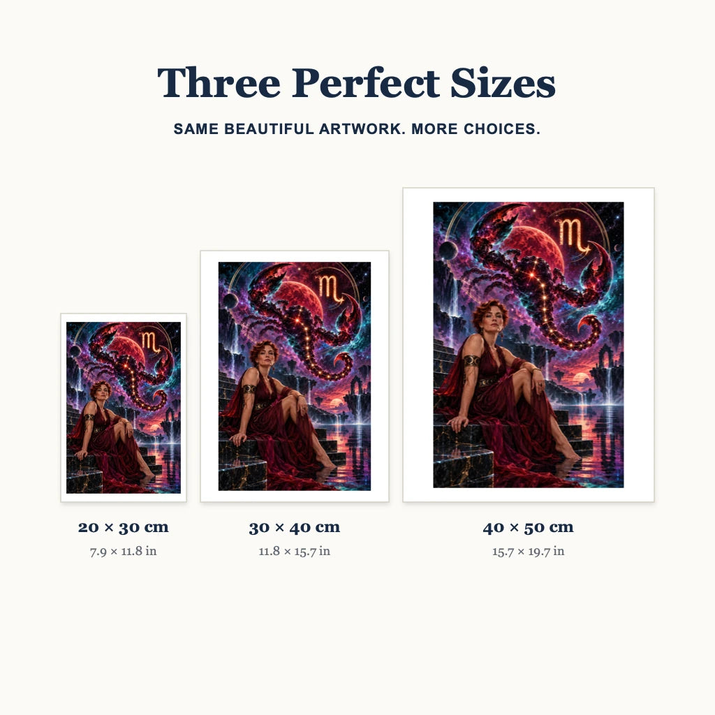 Scorpio starlit scorpion diamond painting size guide for 20 × 30, 30 × 40, and 40 × 50 cm.