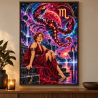 Framed Scorpio starlit scorpion diamond painting displayed in a living room.