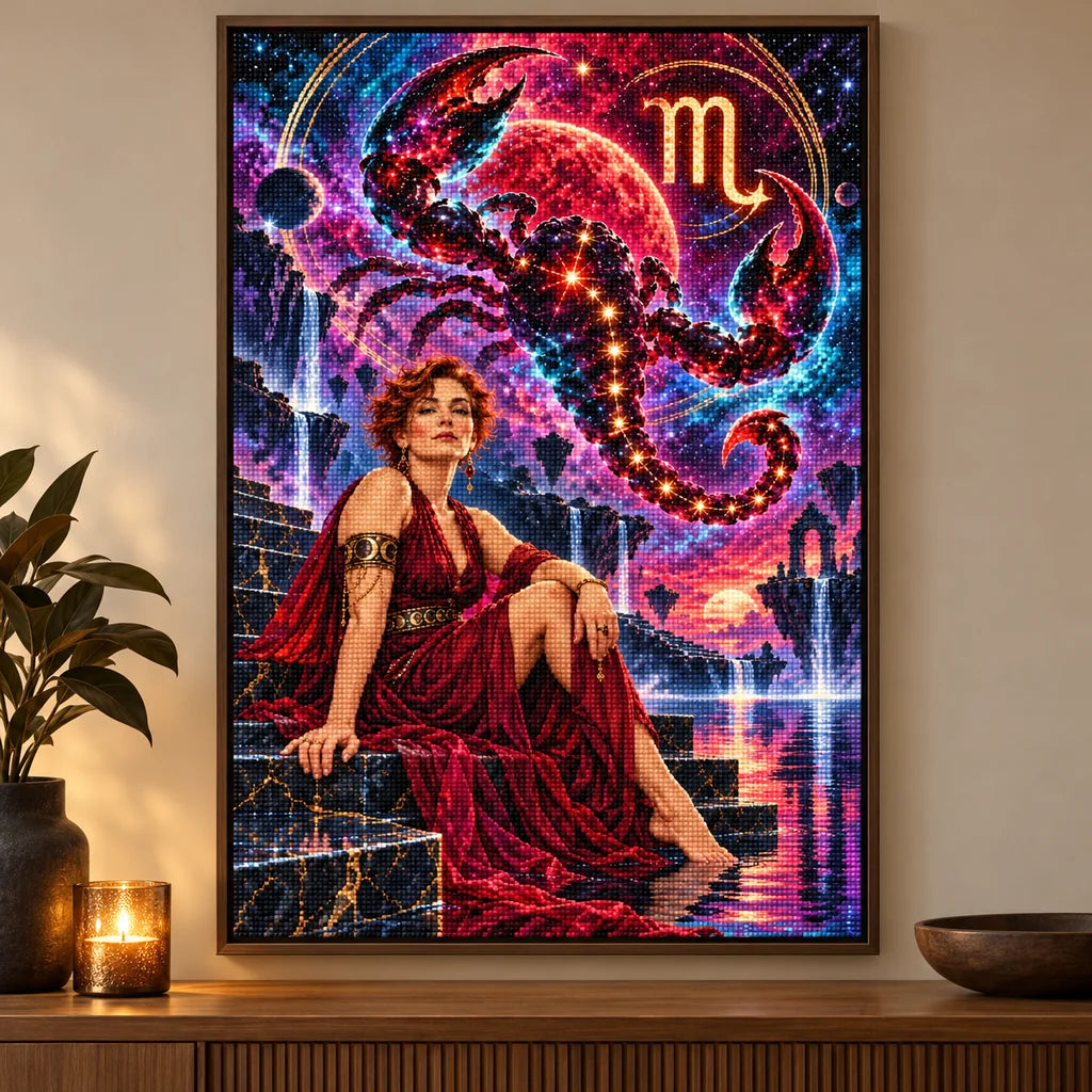 Framed Scorpio starlit scorpion diamond painting displayed in a living room.