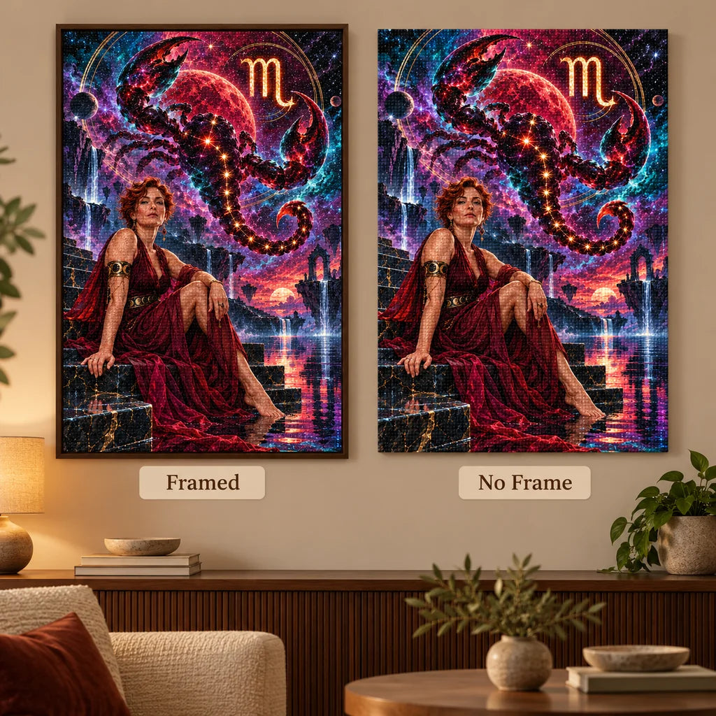 Scorpio starlit scorpion diamond painting shown in framed and no-frame styles.