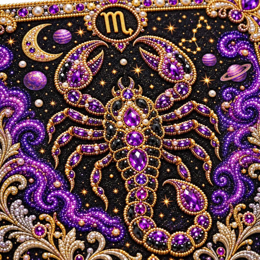 Close-up of glossy pearls and printed canvas in the scorpio design