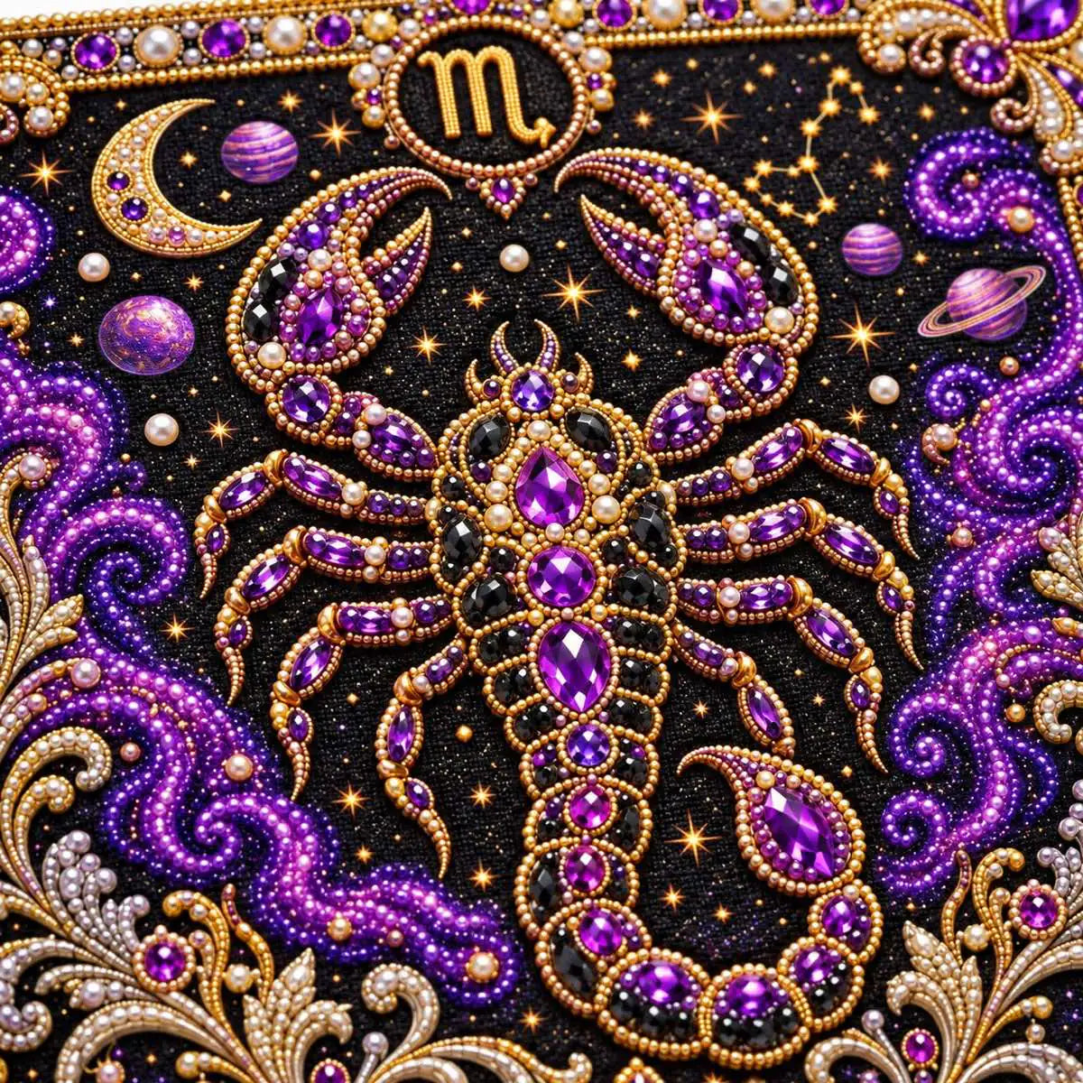 Close-up of glossy pearls and printed canvas in the scorpio design