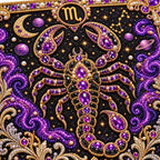 Close-up of glossy pearls and printed canvas in the scorpio design