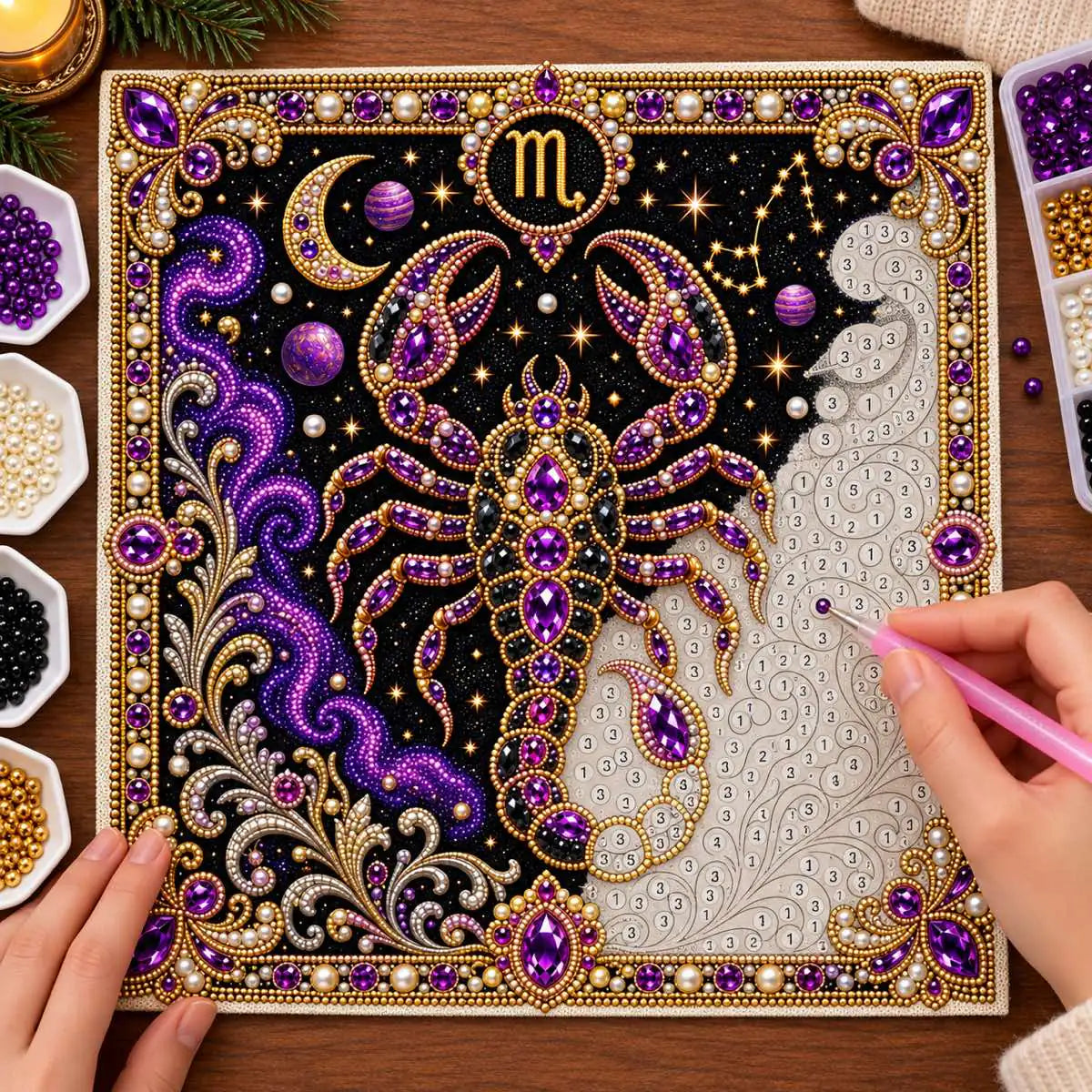 Pearl placement process on the scorpio printed canvas
