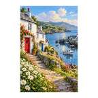 White-background finished diamond painting of scottish harbor cottages